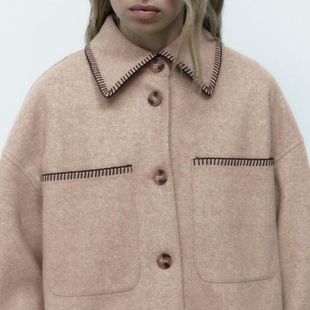 Zara Whipstitch Embroidered Longline Collared Shirt Jacket Shacket in Light Tan